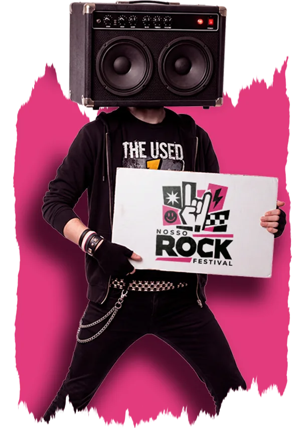 Personagem do Nosso Rock Festival segurando placa com a logo